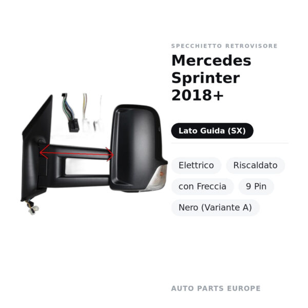 Außenspiegel Links Mercedes Sprinter 2018+ – Elektrisch, Beheizt, mit Blinker, 9-polig, Schwarz (Variante A) – Bild 2