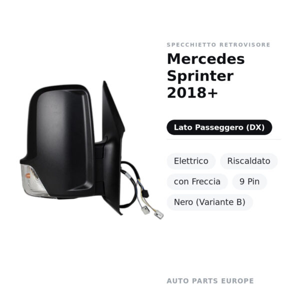 Specchietto Retrovisore Destro Mercedes Sprinter 2018+ – Elettrico, Riscaldato, con Freccia, 9 Pin, Nero (Variante B) – foto