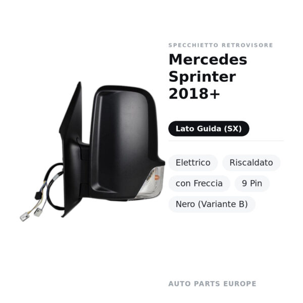 Außenspiegel Links Mercedes Sprinter 2018+ – Elektrisch, Beheizt, mit Blinker, 9 Pin, Schwarz (Variante B) – Bild 2