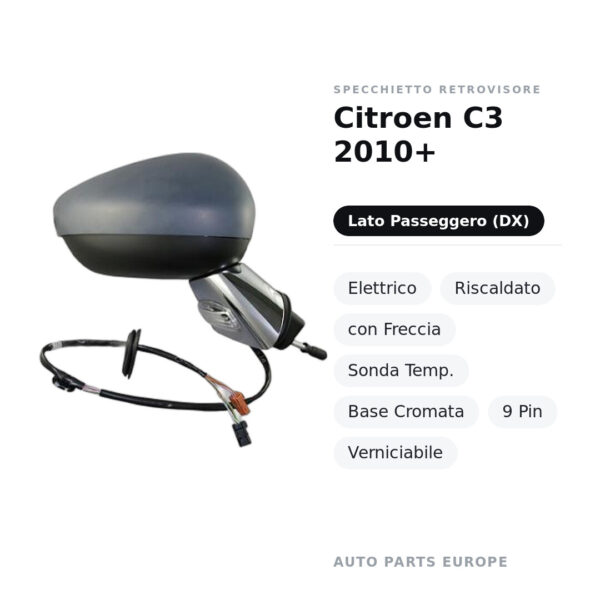 Außenspiegel Rechts Citroen C3 2010+ – Elektrisch, Beheizt, mit Blinker, Temperatursensor, Chromierte Basis, 9-polig