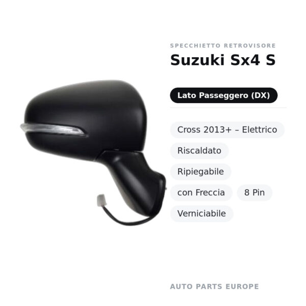 Specchietto Retrovisore Destro Suzuki Sx4 S-Cross 2013+ – Elettrico, Riscaldato, Ripiegabile, con Freccia, 8 Pin