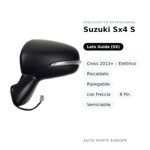 Specchietto Retrovisore Sinistro Suzuki Sx4 S-Cross 2013+ – Elettrico, Riscaldato, Ripiegabile, con Freccia, 8 Pin