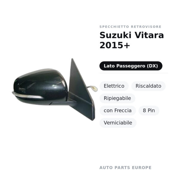 Specchietto Retrovisore Destro Suzuki Vitara 2015+ – Elettrico, Riscaldato, Ripiegabile, con Freccia, 8 Pin, Verniciabile