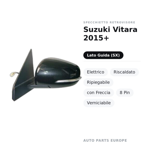 Specchietto Retrovisore Sinistro Suzuki Vitara 2015+ – Elettrico, Riscaldato, Ripiegabile, con Freccia, 8 Pin, Verniciabile