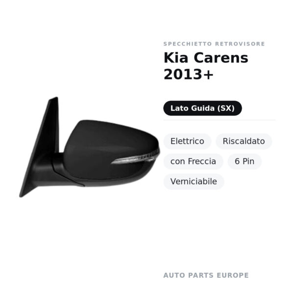 Specchietto Retrovisore Sinistro Kia Carens 2013+ – Elettrico, Riscaldato, con Freccia, 6 Pin, Verniciabile – foto 2