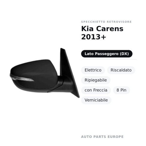 Specchietto Retrovisore Destro Kia Carens 2013+ – Elettrico, Riscaldato, Ripiegabile, con Freccia, 8 Pin, Verniciabile