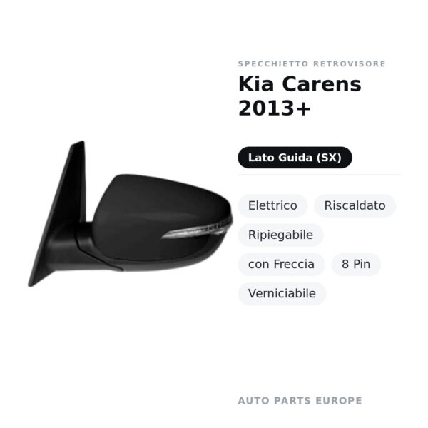 Specchietto Retrovisore Sinistro Kia Carens 2013+ – Elettrico, Riscaldato, Ripiegabile, con Freccia, 8 Pin, Verniciabile