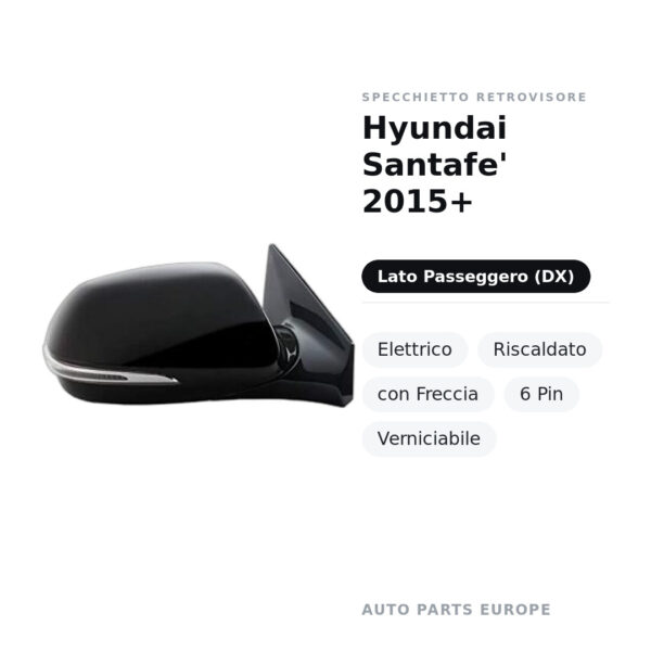Specchietto Retrovisore Destro Hyundai Santafe’ 2015+ – Elettrico, Riscaldato, con Freccia, 6 Pin, Verniciabile – foto 2