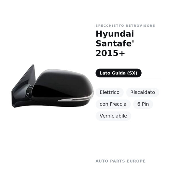 Specchietto Retrovisore Sinistro Hyundai Santafe’ 2015+ – Elettrico, Riscaldato, con Freccia, 6 Pin, Verniciabile – foto 2