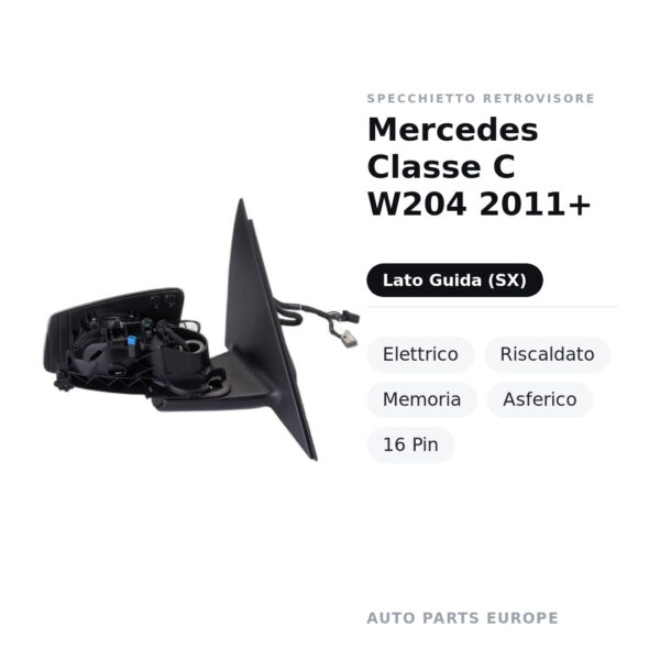 Specchietto Retrovisore Sinistro Mercedes Classe C W204 2011+ – Elettrico, Riscaldato, Memoria, Asferico, 16 Pin – foto 2