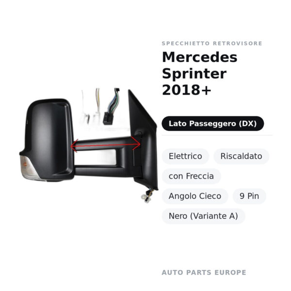 Specchietto Retrovisore Destro Mercedes Sprinter 2018+ – Elettrico, Riscaldato, con Freccia, Angolo Cieco, 9 Pin, Nero