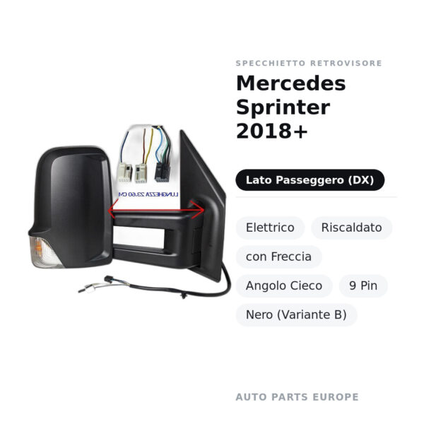 Specchietto Retrovisore Destro Mercedes Sprinter 2018+ – Elettrico, Riscaldato, con Freccia, Angolo Cieco, 9 Pin, Nero
