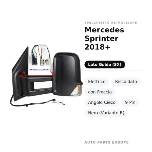 Specchietto Retrovisore Sinistro Mercedes Sprinter 2018+ – Elettrico, Riscaldato, con Freccia, Angolo Cieco, 9 Pin, Nero
