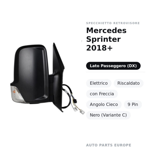 Specchietto Retrovisore Destro Mercedes Sprinter 2018+ – Elettrico, Riscaldato, con Freccia, Angolo Cieco, 9 Pin, Nero