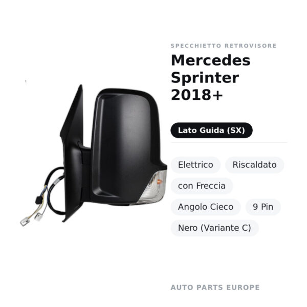 Specchietto Retrovisore Sinistro Mercedes Sprinter 2018+ – Elettrico, Riscaldato, con Freccia, Angolo Cieco, 9 Pin, Nero