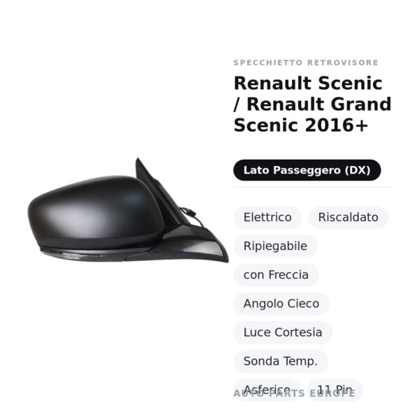 Außenspiegel Rechts Renault Scenic / Renault Grand Scenic 2016+ – Elektrisch, Beheizt, Klappbar, mit Blinker