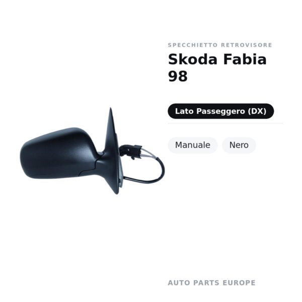 Specchietto Retrovisore Destro Skoda Fabia 98 – Manuale, Nero – foto 2