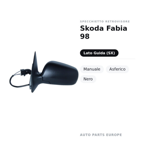 Specchietto Retrovisore Sinistro Skoda Fabia 98 – Manuale, Asferico, Nero – foto 2