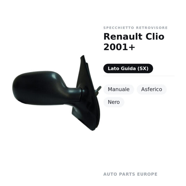 Specchietto Retrovisore Sinistro Renault Clio 2001+ – Manuale, Asferico, Nero – foto 2
