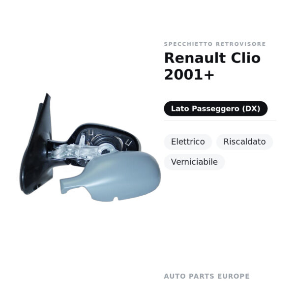 Specchietto Retrovisore Destro Renault Clio 2001+ – Elettrico, Riscaldato, Verniciabile – foto 2