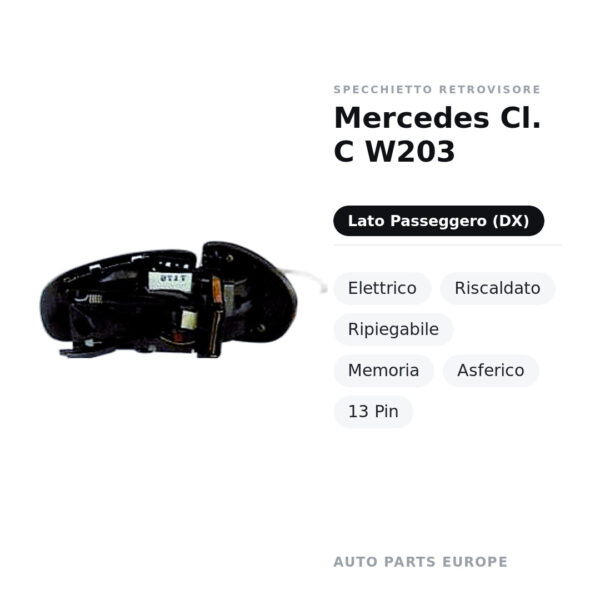 Specchietto Retrovisore Destro Mercedes Cl. C W203 – Elettrico, Riscaldato, Ripiegabile, Memoria, Asferico, 13 Pin – foto 2