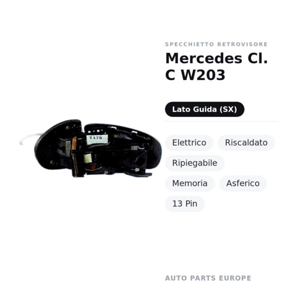 Specchietto Retrovisore Sinistro Mercedes Cl. C W203 – Elettrico, Riscaldato, Ripiegabile, Memoria, Asferico, 13 Pin – foto 2