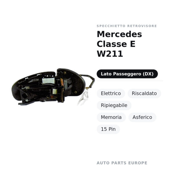 Specchietto Retrovisore Destro Mercedes Classe E W211 – Elettrico, Riscaldato, Ripiegabile, Memoria, Asferico, 15 Pin – foto