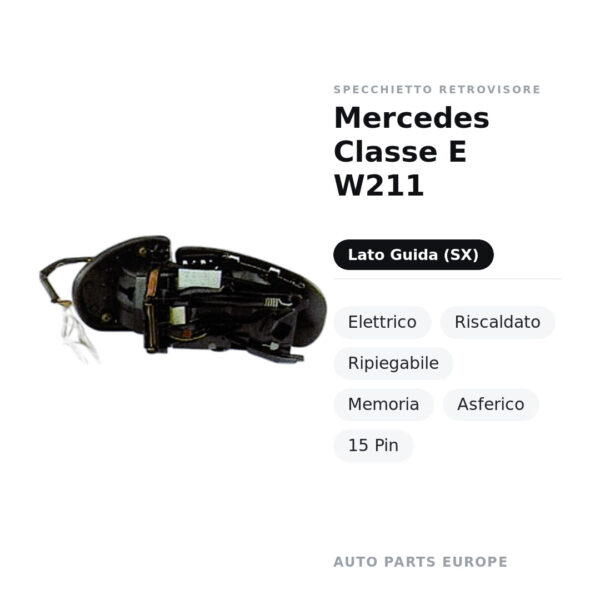 Specchietto Retrovisore Sinistro Mercedes Classe E W211 – Elettrico, Riscaldato, Ripiegabile, Memoria, Asferico, 15 Pin