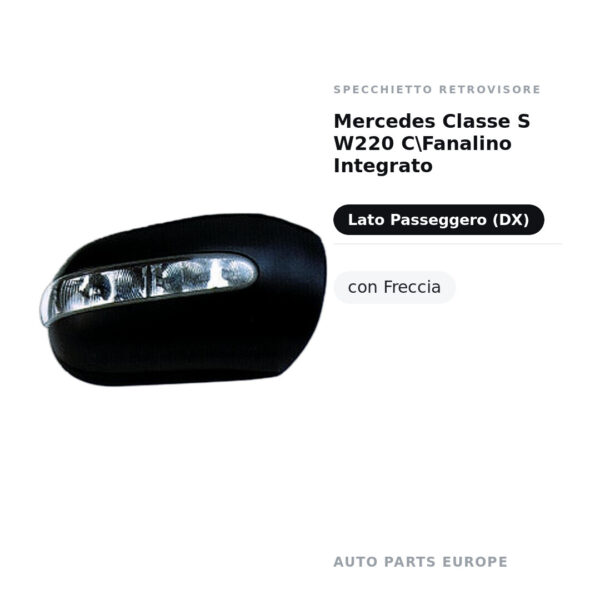 Calotta Specchietto Retrovisore Destro Mercedes Classe S W220 CFanalino Integrato – Verniciabile, con foro fanale freccia