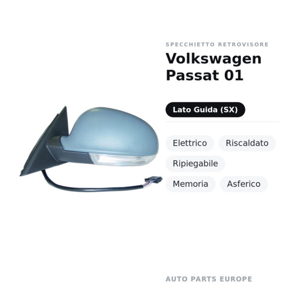 Specchietto Retrovisore Sinistro Volkswagen Passat 01 – Elettrico, Riscaldato, Ripiegabile, Memoria, Asferico – foto 2