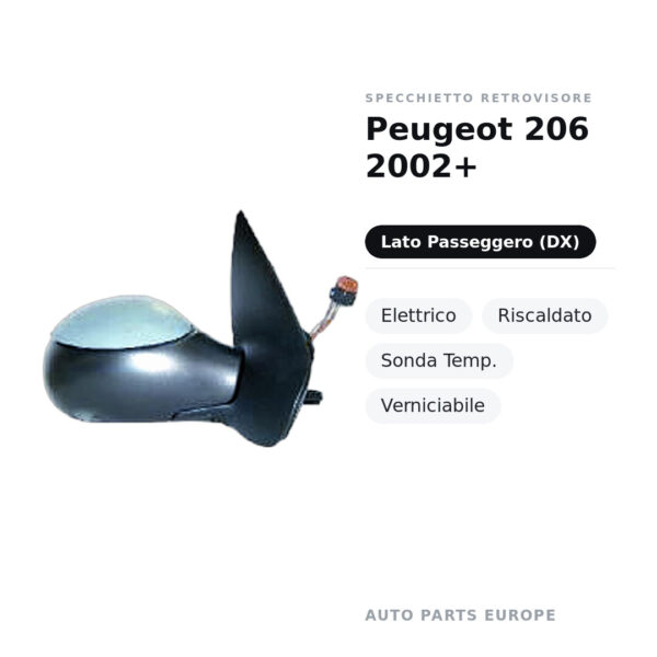 Specchietto Retrovisore Destro Peugeot 206 2002+ – Elettrico, Riscaldato, Sonda Temp., Verniciabile – foto 2