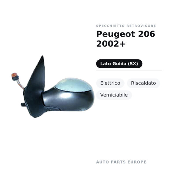 Specchietto Retrovisore Sinistro Peugeot 206 2002+ – Elettrico, Riscaldato, Verniciabile – foto 2
