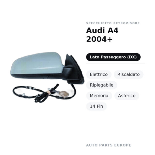 Außenspiegel Rechts Audi A4 2004+ – Elektrisch, Beheizt, Klappbar, Memory, Asphärisch, 14-polig – Bild 2