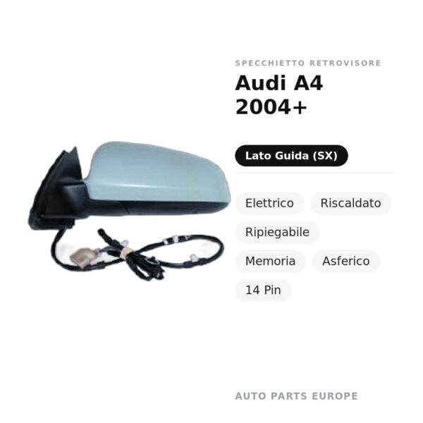 Specchietto Retrovisore Sinistro Audi A4 2004+ – Elettrico, Riscaldato, Ripiegabile, Memoria, Asferico, 14 Pin – foto 2