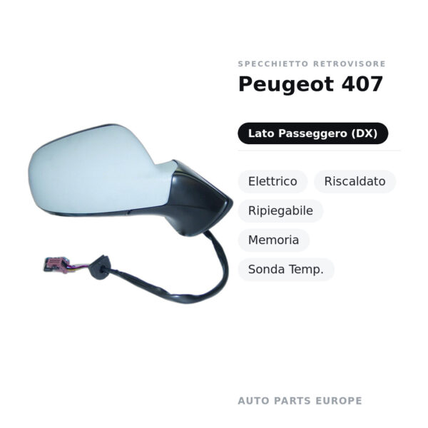 Außenspiegel Rechts Peugeot 407 – Elektrisch, Beheizt, Klappbar, Memory, Temperatursensor – Bild 2