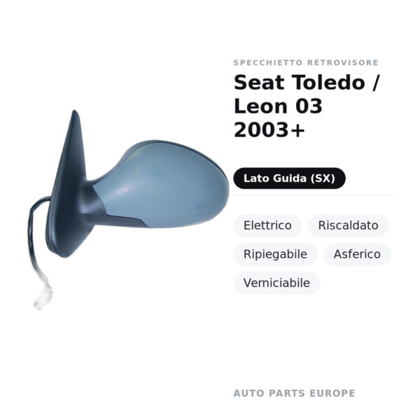 Specchietto Retrovisore Sinistro Seat Toledo / Leon 03 2003+ – Elettrico, Riscaldato, Ripiegabile, Asferico, Verniciabile