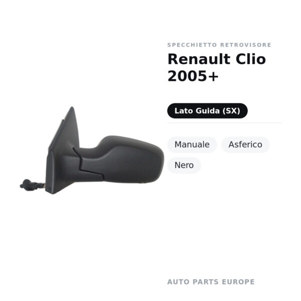 Specchietto Retrovisore Sinistro Renault Clio 2005+ – Manuale, Asferico, Nero – foto 2