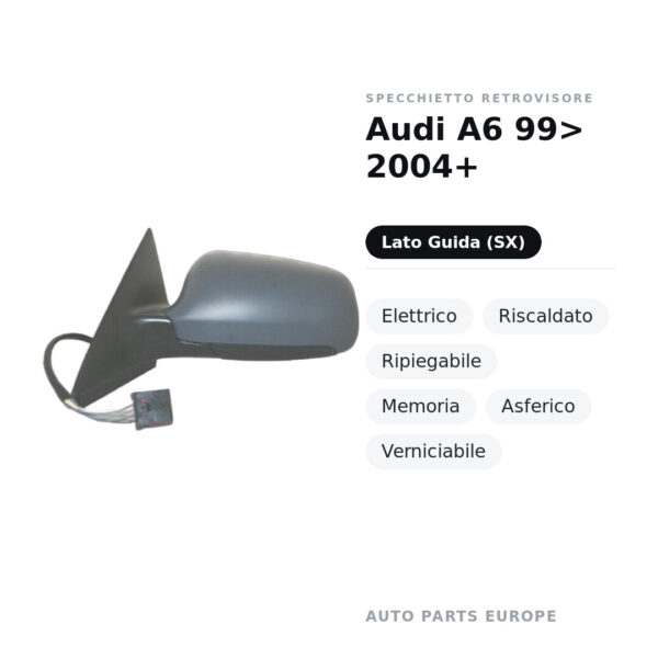 Specchietto Retrovisore Sinistro Audi A6 99> 2004+ – Elettrico, Riscaldato, Ripiegabile, Memoria, Asferico, Verniciabile