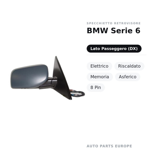 Specchietto Retrovisore Destro BMW Serie 6 – Elettrico, Riscaldato, Memoria, Asferico, 8 Pin – foto 2