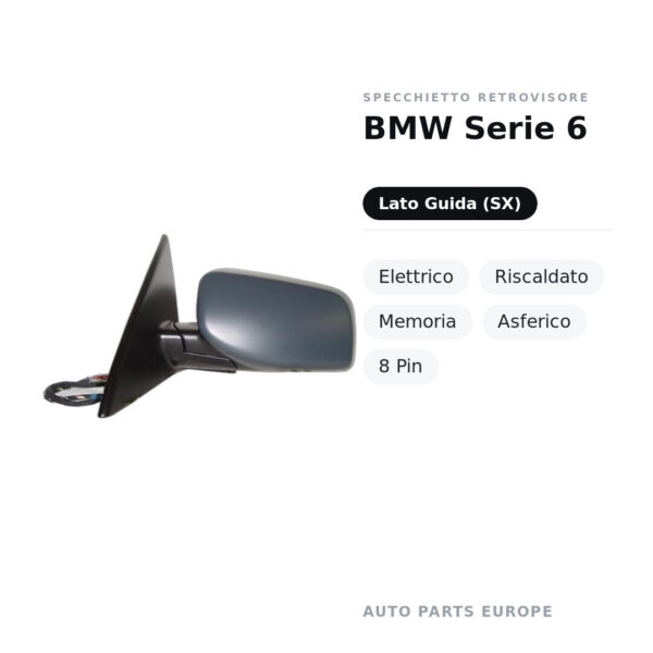 Specchietto Retrovisore Sinistro BMW Serie 6 – Elettrico, Riscaldato, Memoria, Asferico, 8 Pin – foto 2