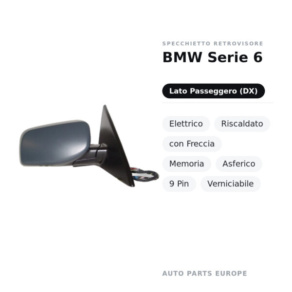 Außenspiegel Rechts BMW Serie 6 – Elektrisch, Beheizt, mit Blinker, Speicher, Asphärisch, 9 Pin, Lackierbar – Bild 2