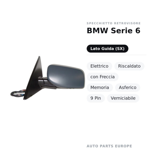 Specchietto Retrovisore Sinistro BMW Serie 6 – Elettrico, Riscaldato, con Freccia, Memoria, Asferico, 9 Pin, Verniciabile