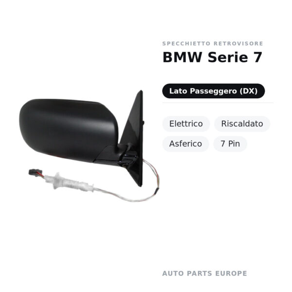 Specchietto Retrovisore Destro BMW Serie 7 – Elettrico, Riscaldato, Asferico, 7 Pin – foto 2