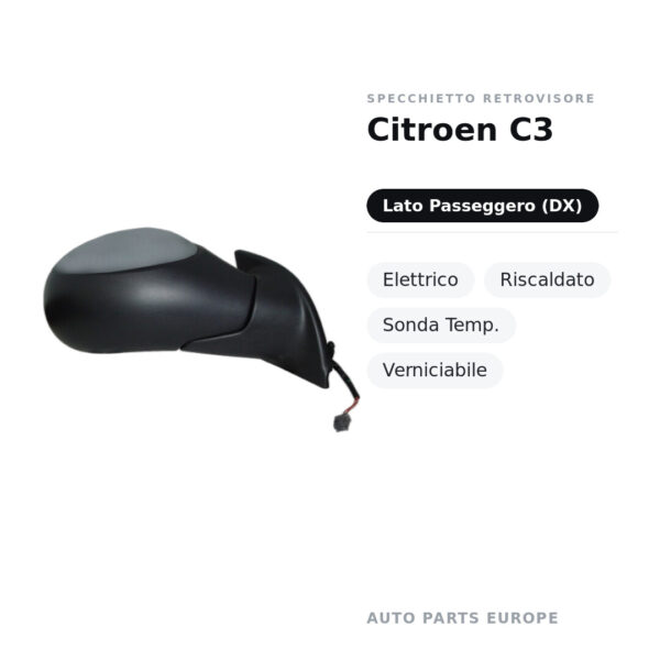 Außenspiegel Rechts Citroen C3 – Elektrisch, Beheizt, Temperatursensor, Lackierbar – Bild 2