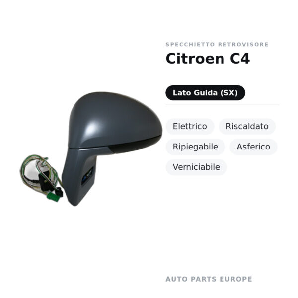 Specchietto Retrovisore Sinistro Citroen C4 – Elettrico, Riscaldato, Ripiegabile, Asferico, Verniciabile – foto 2