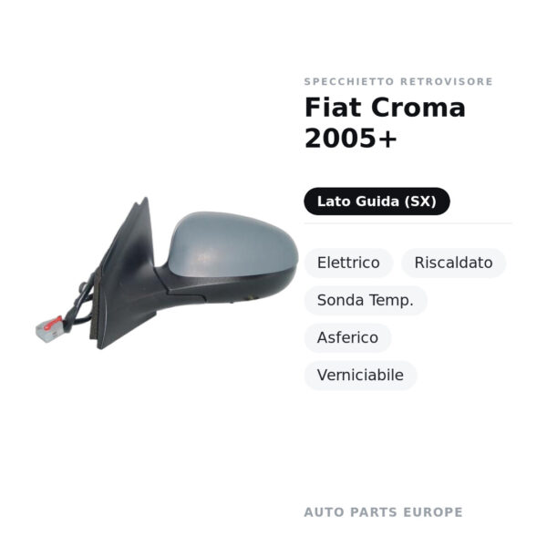 Specchietto Retrovisore Sinistro Fiat Croma 2005+ – Elettrico, Riscaldato, Sonda Temp., Asferico, Verniciabile – foto 2