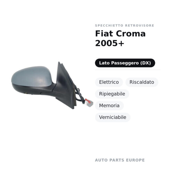 Außenspiegel Rechts Fiat Croma 2005+ – Elektrisch, Beheizt, Klappbar, Memory, Lackierbar – Bild 2