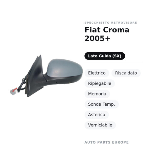 Außenspiegel Links Fiat Croma 2005+ – Elektrisch, Beheizt, Klappbar, Memory, Temperatursensor, Asphärisch, Lackierbar – Bild