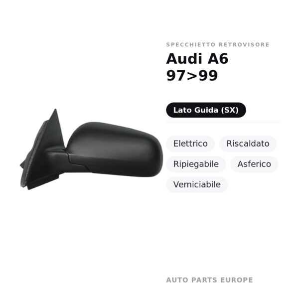 Specchietto Retrovisore Sinistro Audi A6 97>99 – Elettrico, Riscaldato, Ripiegabile, Asferico, Verniciabile – foto 2