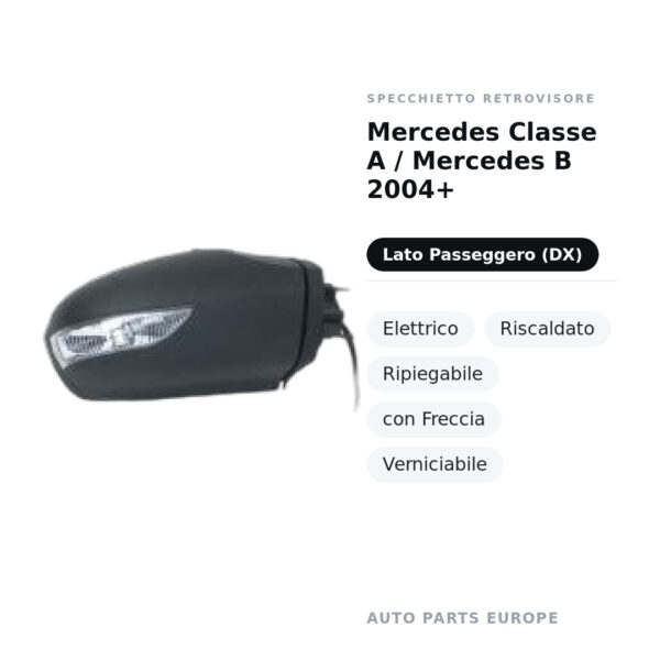 Außenspiegel Rechts Mercedes Klasse A / Mercedes B 2004+ – Elektrisch, Beheizt, Klappbar, mit Blinkleuchte, Lackierbar